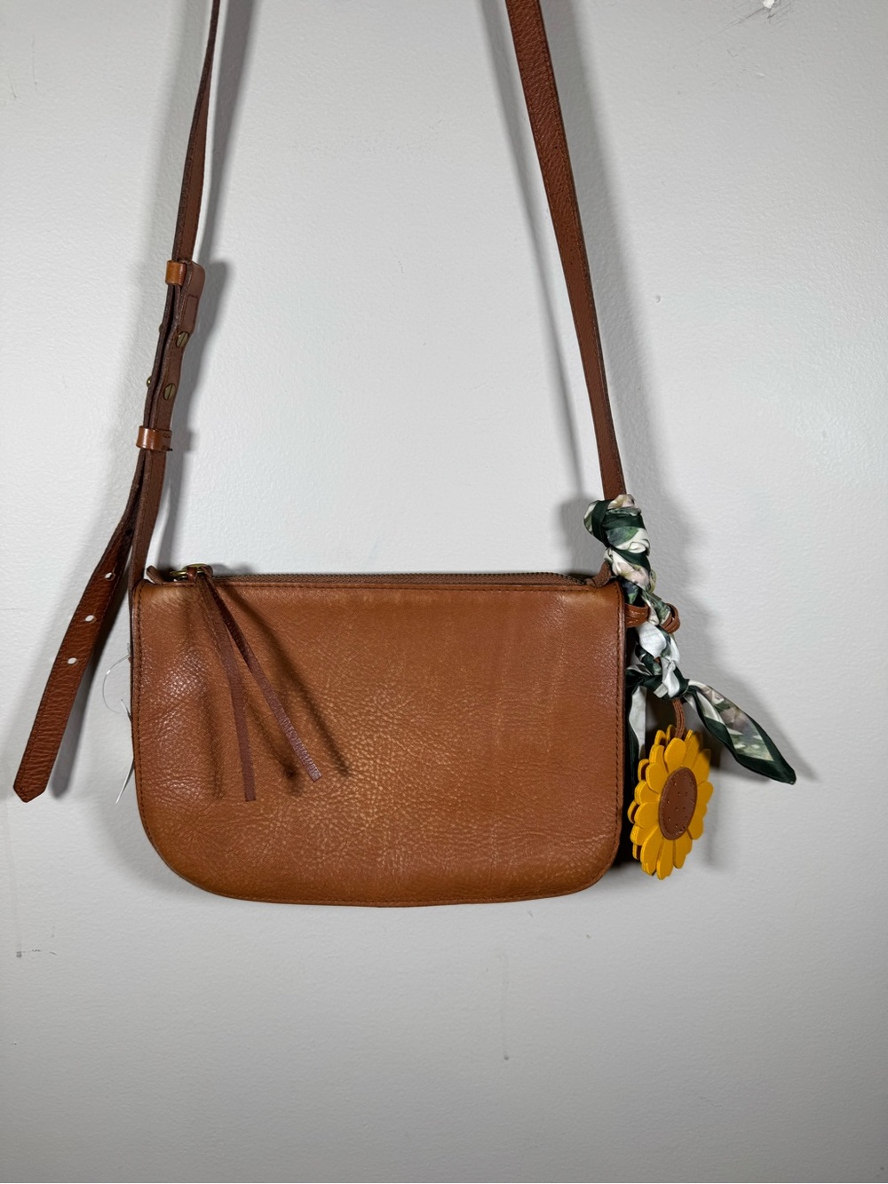 Madewell Brown Leather Crossbody with Sunflower Charm & Scarf
